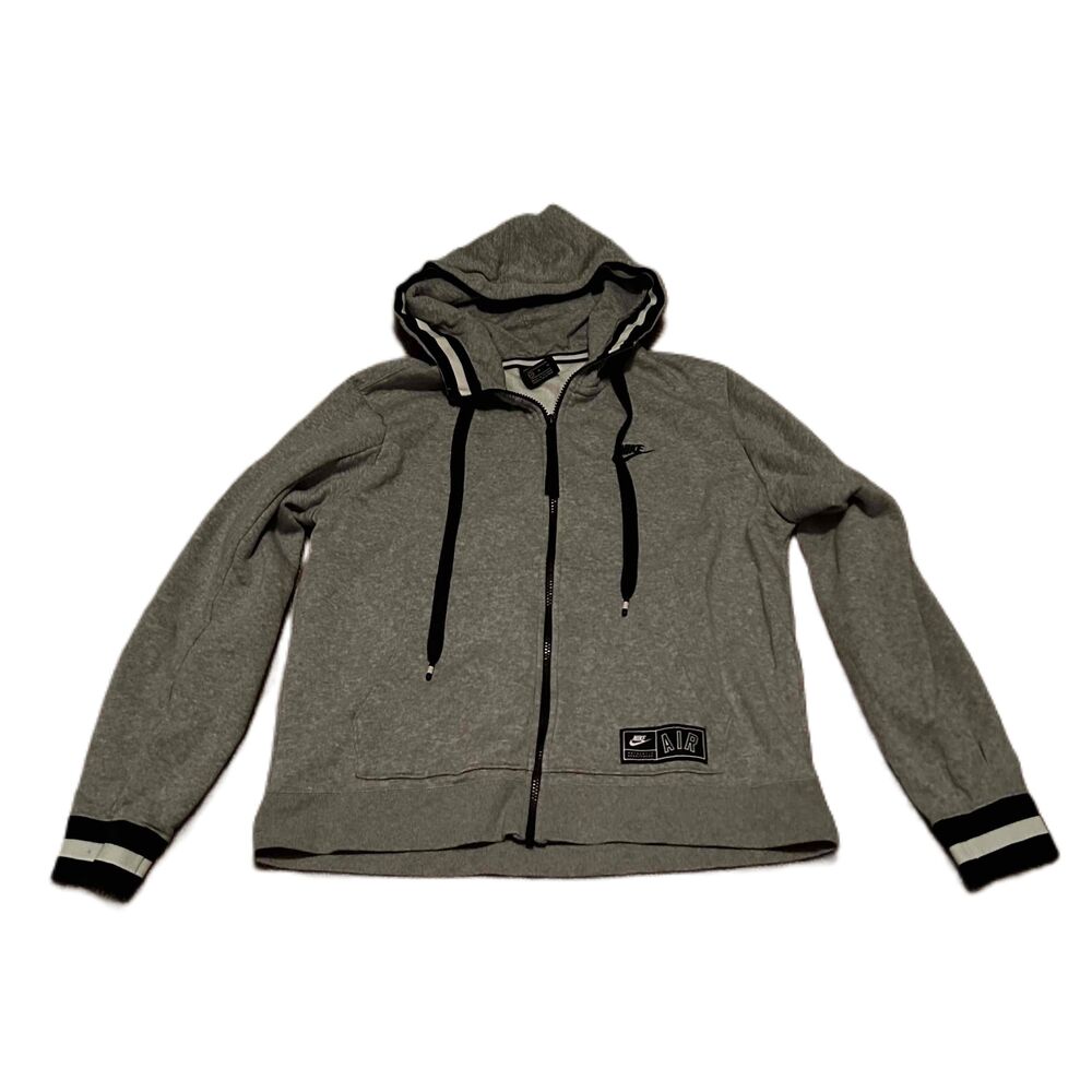 Nike Grey Zip-up Drawstring Hood Striped Cuffs Logo Patch Hoodie Size Medium